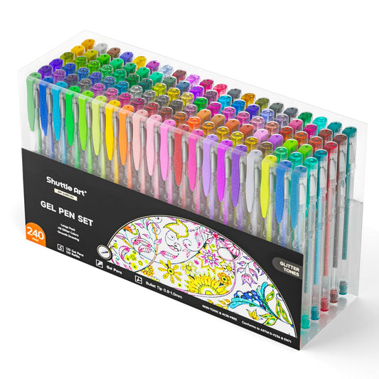 Shuttle Art Glitter Gel Pens, 240-piece gel pen set with 120 colorful glitter gel pens and 120 replacement refills, for adults and kids on coloring books for highlighting, drawing, writing.