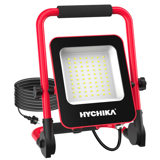 HYCHIKA LED construction spotlight, 50W 5500LM work light, LED work light with plug, IP65 waterproof construction spotlight LED with 3M cable, portable construction spotlight for workshop or construction site, garage, 6500K