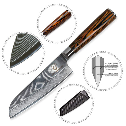Wolfblood Damascus Santoku Knife L(24cm) Professional chef's knife made from authentic 67 layers Damascus steel I Damascus kitchen knife Santoku knife with wooden handle Gift box and blade guard