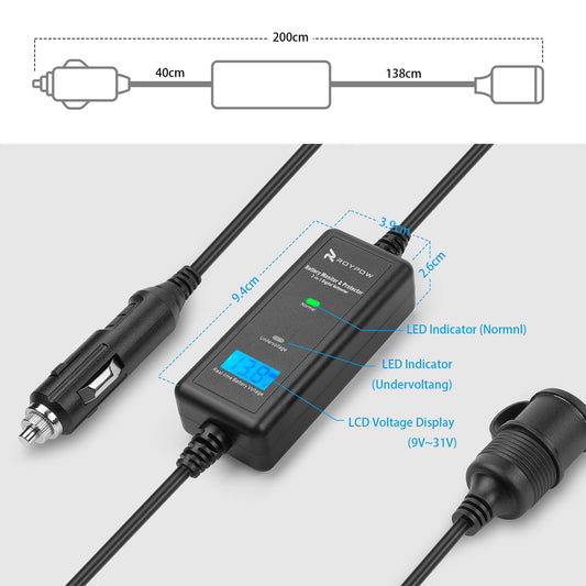 RoyPow VM10 12V 10A 120W All-in-1 Vehicle Car Battery Monitor & Protector & Extension Cable with Cigarette Lighter Adapter