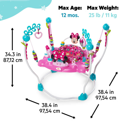 Bright Starts Disney Baby Minnie Mouse Peekaboo Spring and Play Center with light-up and musical play station, 12 activity toys, 360° rotating seat, adjustable height, for children ages 6 months and up.