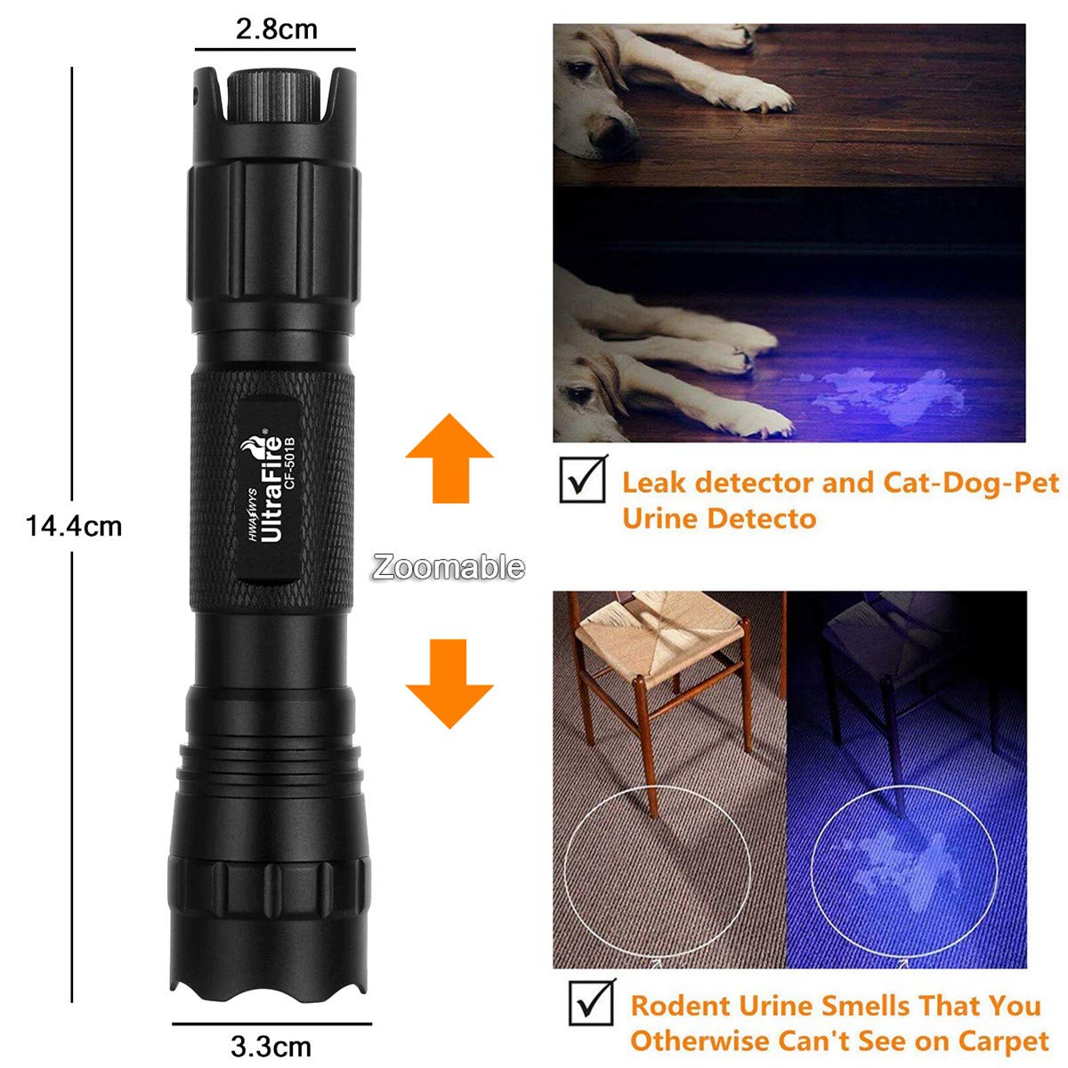 UltraFire UV flashlight 395-405 nm black light LED flashlight, zoomable UV light, stepless dimming UV lamps, small ultraviolet light