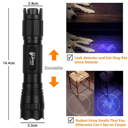 UltraFire UV flashlight 395-405 nm black light LED flashlight, zoomable UV light, stepless dimming UV lamps, small ultraviolet light