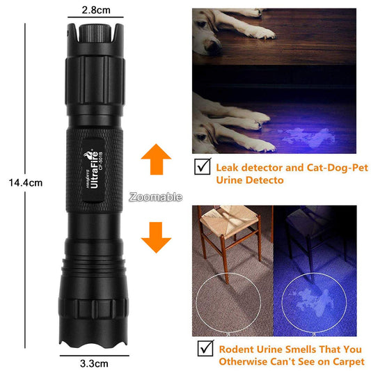 UltraFire UV flashlight 395-405 nm black light LED flashlight, zoomable UV light, stepless dimming UV lamps, small ultraviolet light