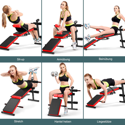 COSTWAY Foldable Sit Up Bench, 5 levels adjustable training bench with monitor, incline bench, home trainer up to 150kg load capacity for sit-ups and leg lifts (Red)
