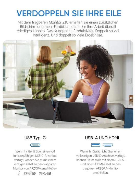 ARZOPA 16.1" Portable Monitor, 1920×1080 FHD IPS Monitor for Laptop with Stand, Supports HDMI/Type-C/USB-C, Eye-Care Gaming Screen for Laptop/PC/Mac/PS3/4/5/Xbox