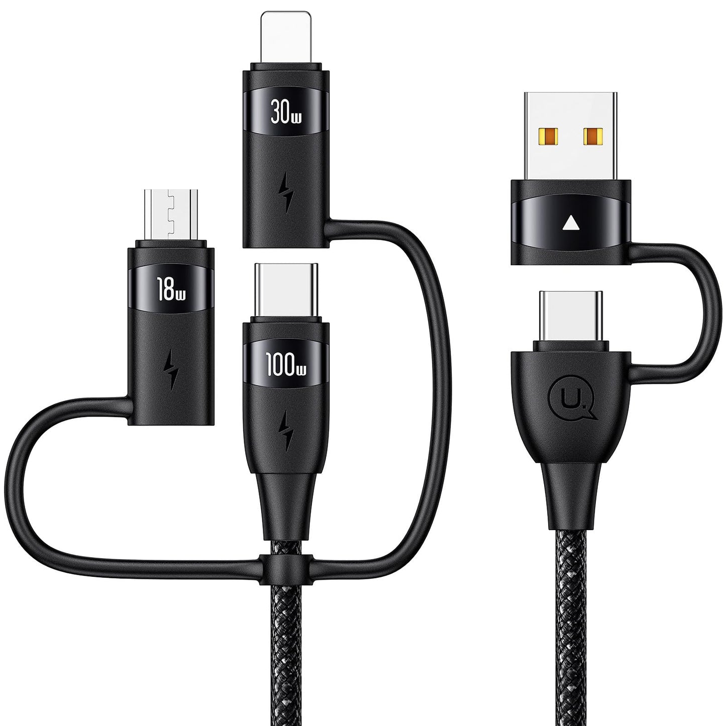 100W multi-USB cable, 6 in 1 multi charging cable USB C cable PD 5A fast charging cable USB A/C to USB C [100W] / iP [30W] / Micro [18W] Multiple universal charging cable for laptop tablet phone, 1.2M black