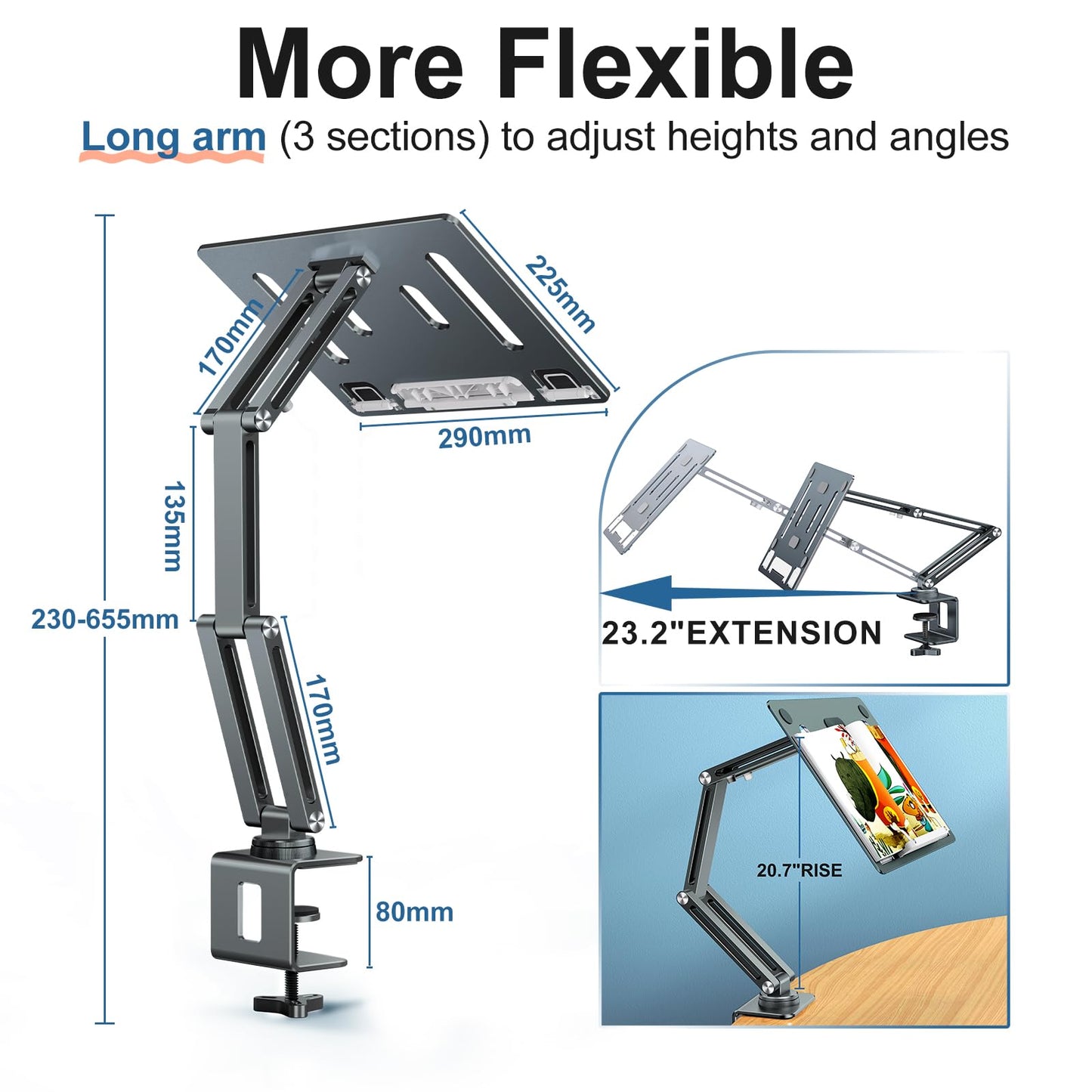 Adjustable laptop stand with 360° swivel arm, made of aluminum. Suitable for tablets and laptops from 10-16 inches. Foldable and perfect for your desk.