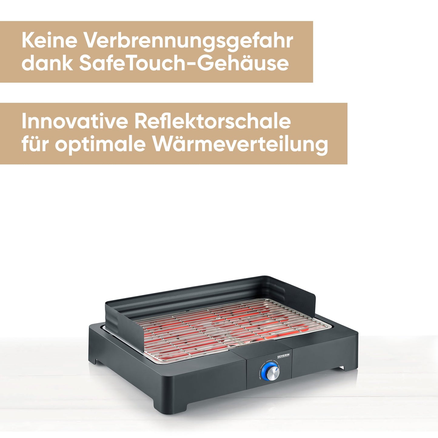 SEVERIN tabletop grill with stainless steel grill grate for inside and outside, electric grill with fast grill start, balcony grill without risk of burns, Black, PG 8565.