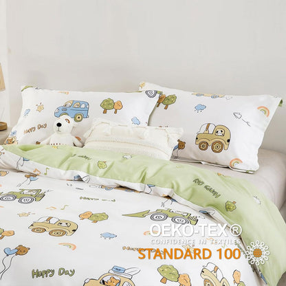 Lanqinglv Kids Bedding 155x220 Boys Car Green White Microfiber Bedding, Reversible Bedding Set - Duvet Cover with Zipper and 1 Pillowcase 80x80 cm