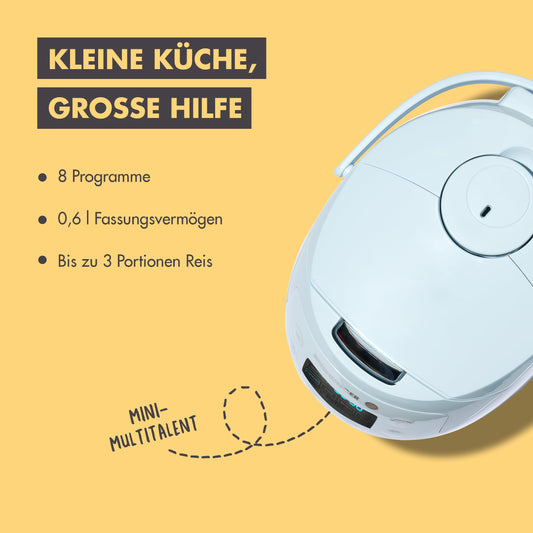 REISHUNGER Digital Rice Cooker small, light blue | 0.6 L for 3 people | Keep warm function, timer & premium pot | Small multicooker & steamer, 8 programs, 7-phase technology