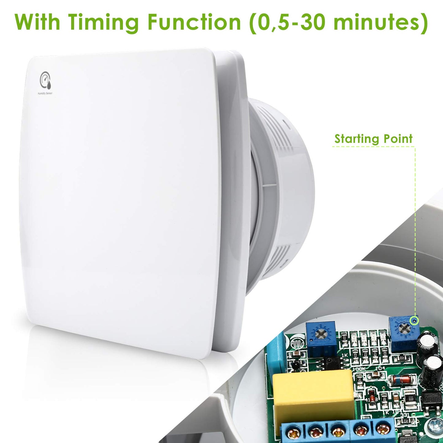 Randaco 100mm bathroom fan with humidity sensor, exhaust fan with backdraft damper & adjustable overrun timer. Bathroom fan for toilet and bathroom.