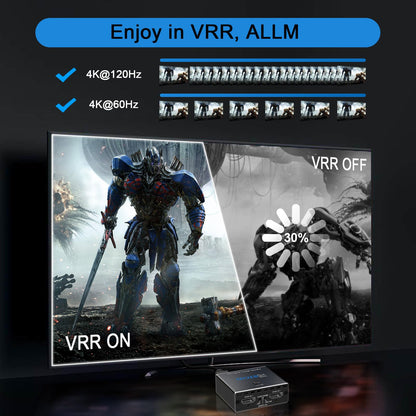 8K@60Hz 4K@120Hz HDMI2.1 Audio Extractor 2 in 1 Out, 48 Gbps, HDCP 2.3, SPDIF 5.1Ch, L/R 2.1Ch, Supports ARC TV Apps, VRR, ALLM, HDCP Bypass, HDR, Vision Atmos, Soundbar, Graphics Card.
