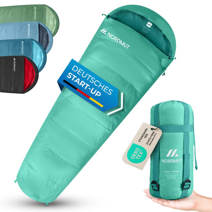 NORDMUT® Adult Sleeping Bag - compact & ultralight (900/1500g) - 3-season (250 GSM) & summer (100 GSM) - mummy sleeping bag for camping, outdoor & festivals.