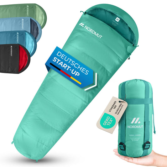 NORDMUT® Adult Sleeping Bag - compact & ultralight (900/1500g) - 3-season (250 GSM) & summer (100 GSM) - mummy sleeping bag for camping, outdoor & festivals.
