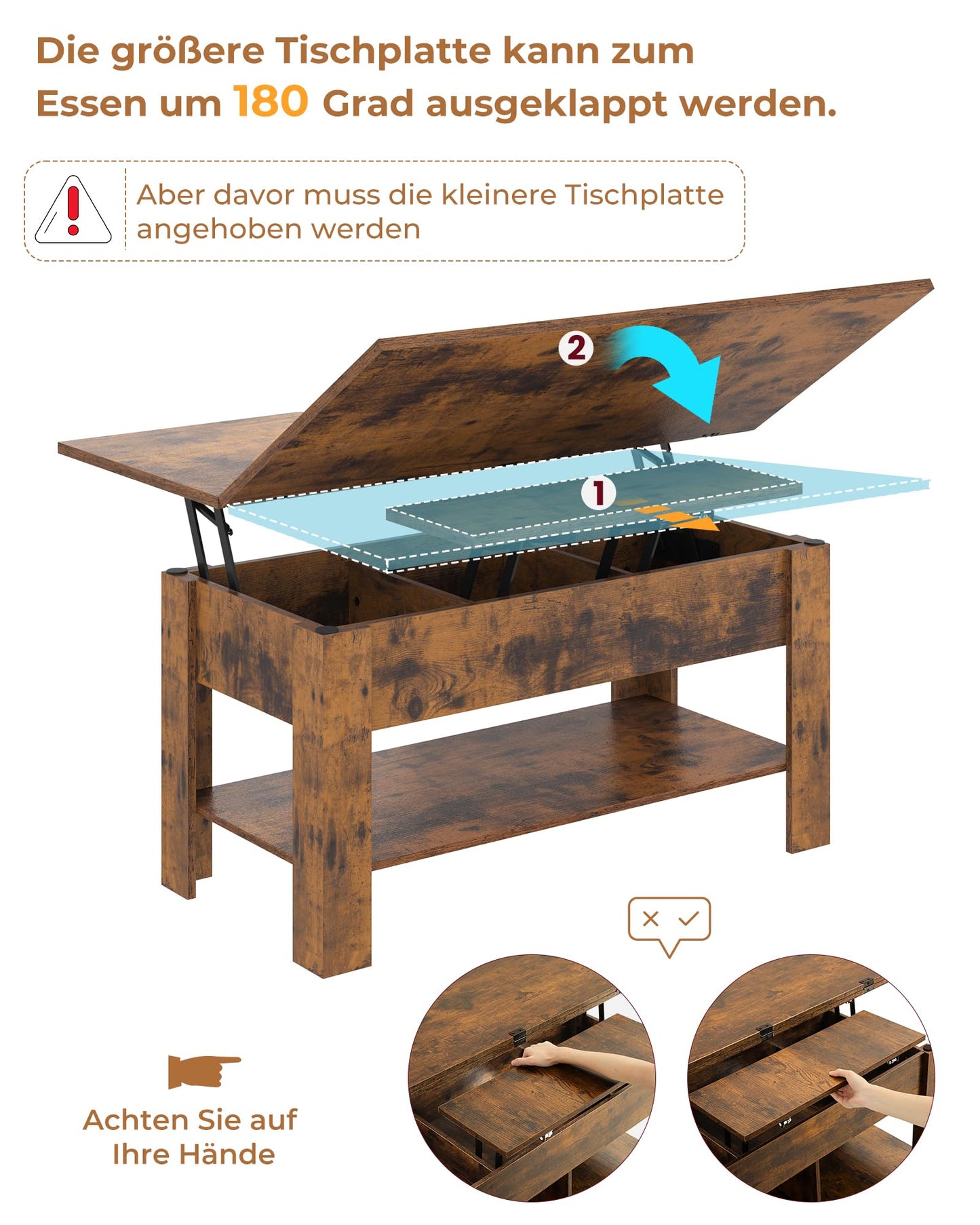 Height-adjustable coffee table, 3-in-1 multifunctional living room table with hidden storage, open shelf, and can be used as a dining table. Perfect for living room, office, in brown color.
