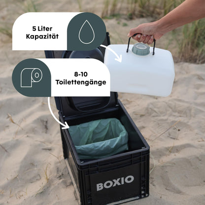 BOXIO - Toilet Max+: Camping toilet complete set, mobile dry separation toilet without chemicals for camping, van, outdoor, rooftop tent. Toilet on Eurobox basis without electricity for on the go, black, 40x30x28.