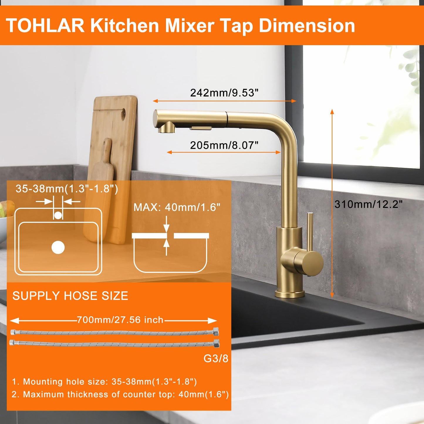 Tohlar Kitchen Faucet Gold, Gold Kitchen Tap with Pull-Out Spray and Magnetic Shower Head Two Spray Modes, High Pressure Kitchen Sink Faucet L-Shaped Brushed Gold Stainless Steel Kitchen Mixer 360° Swivel