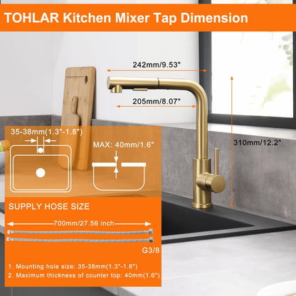 Tohlar Kitchen Faucet Gold, Gold Kitchen Tap with Pull-Out Spray and Magnetic Shower Head Two Spray Modes, High Pressure Kitchen Sink Faucet L-Shaped Brushed Gold Stainless Steel Kitchen Mixer 360° Swivel