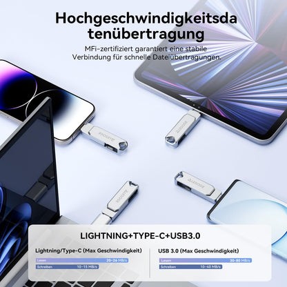 LESOGE MFi-Certified 128GB USB C Stick, Mini USB Stick for Saving Photos on Phones, 3 in 1 USB C and 3.0 Stick, External Storage for Photos and Videos, Photo Stick for iPhone/iPad/Android/PC/Mac (Silver)