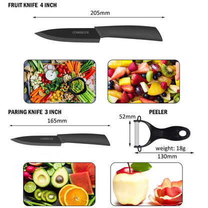 CORESLUX Ceramic Knife Set, 4 Ceramic Kitchen Knives with 1 Peeler, Non-Stick Coating, Sharp, Chef Knife, Ceramic Knife Set for Cutting Fruits Vegetables Meat (Black)