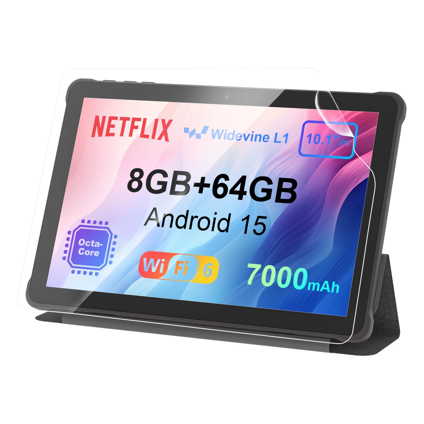 10-inch Android tablet 15: 2025 Latest 7000mAh Octa-Core 8GB RAM+64GB 1TB TF Tablet PC with WiFi 6 2.4G/5G Bluetooth 5.0 1280 * 800 FHD GMS Dual Camera with Case and Screen Protector