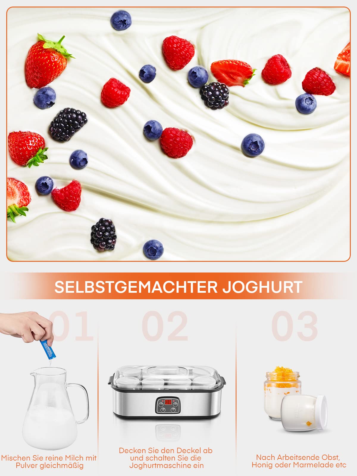 Yogurt maker, Greek yogurt machine with 8 jars/lids, One-touch display: Perfect for organic, sweetened, flavored, plain, or sugar-free options for babies, kids, and parfaits.