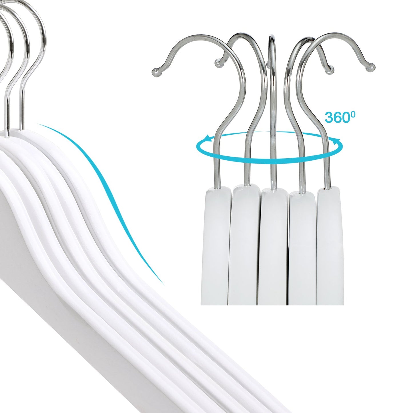 SONGMICS kids' wooden hangers, 10 pack with hanging bar, notches, 360° swivel hook, 35 cm long, White CRW006W02