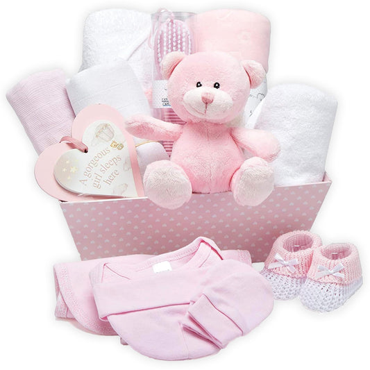 Baby gift set and memory box - Pink, Hand-wrapped gift for baby girl - with teddy bear, baby shoes, onesie, bib, hat, blanket, hooded towel, hanging sign.