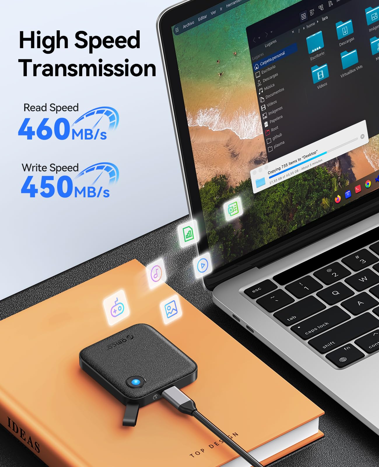 ORICO Portable SSD 1TB with 2 in 1 USB C cable, External Solid State Drives, up to 460MB/s, status indicator, reliable storage for USB-C smartphone, tablet, PC - B5PLUS