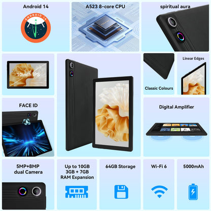 HotLight Tablet 10-inch Octa-Core processor, 10GB+64GB (TF 1TB), Spiritual Aura, WideVine L1, WiFi6, BT 5.3, 5000mAh, Android 14 tablet with USB OTG and Face Recognition, Black