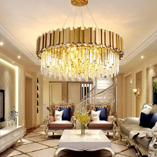 AHXIAOZN Modern Crystal Chandelier, Crystal Ceiling Light Gold, 9xE14 Lights for Dining Room, Kitchen, Living Room, Bedroom, Hallway, Café, Bar
