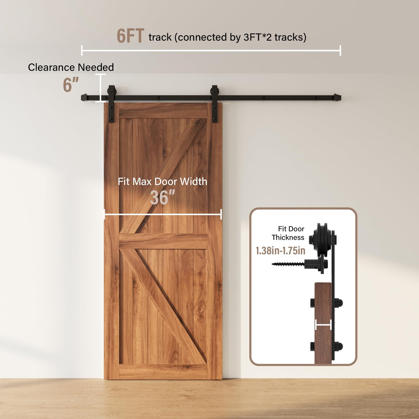 WINSOON Sliding Door Hardware Kit, 183CM Sliding Door System Track for Single Wooden Door for Interior Doors and Wall Cabinets Smooth and Quiet J-Shape, Door not included
