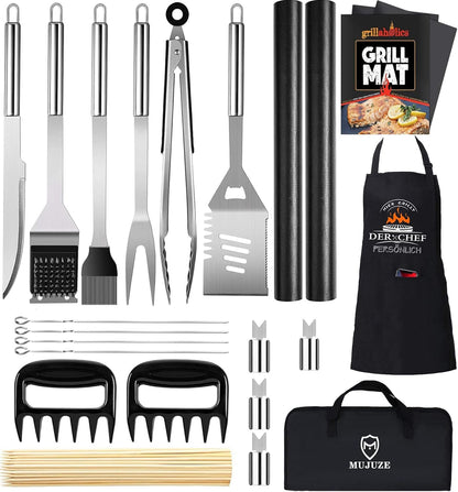 BBQ Tools Set, Grill Accessories Men's Gift Christmas, Stainless Steel BBQ Toolbox Set of 21, Grilling Accessories with BBQ Tongs, Spatula, and Apron, BBQ Grill Set Ideal for Outdoor and Camping.