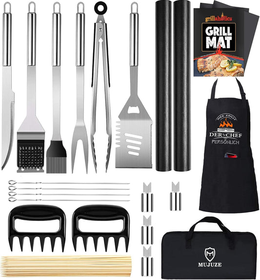 BBQ Tools Set, Grill Accessories Men's Gift Christmas, Stainless Steel BBQ Toolbox Set of 21, Grilling Accessories with BBQ Tongs, Spatula, and Apron, BBQ Grill Set Ideal for Outdoor and Camping.