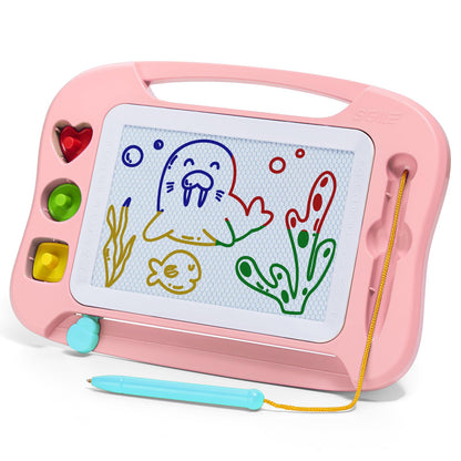 SGILE Magic Drawing Board Kids Magnetic Doodle Board, Colorful erasable magnetic board with magnetic pen and 3 stamps, Magic drawing board for travel, birthday, educational gift for toddlers, pink