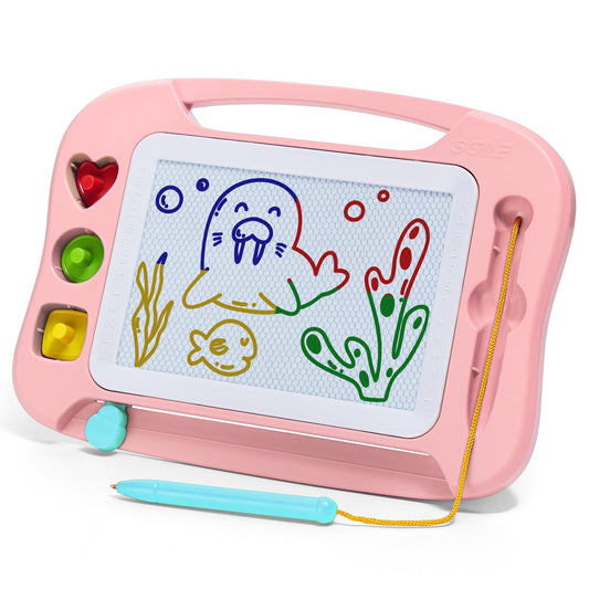 SGILE Magic Drawing Board Kids Magnetic Doodle Board, Colorful erasable magnetic board with magnetic pen and 3 stamps, Magic drawing board for travel, birthday, educational gift for toddlers, pink