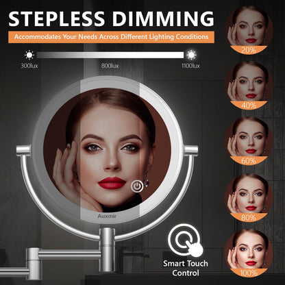 Auxmir makeup mirror with LED lighting, 1X / 5X magnification, double-sided stainless steel vanity mirror, wall-mounted for bathroom, spa, and hotel.