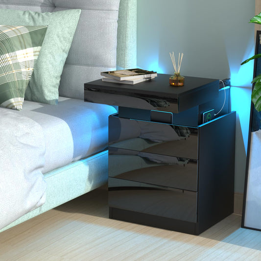 Lvhcmfohm Nightstand Black 2-Piece Set, Bedside Table with LED Light and Outlet, Nightstand with 3 Drawers and Hidden Sliding Cabinets for Living Room, Bedroom (45x40x67cm)