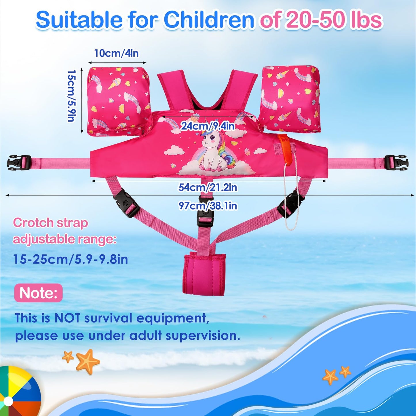 MoKo children's arm floats, toddler swim vest, swimsuit with adjustable strap, swim jacket water wings pool float, sea swimming aid for water sports learning swimming accessories, pink unicorn.