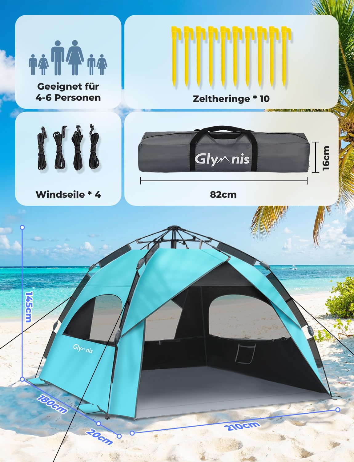 Glymnis Quick Up Beach Tent Automatic Beach Tent UV Protection 50+ Windproof Small Packing Size Blue Beach Tent for 4 to 6 People