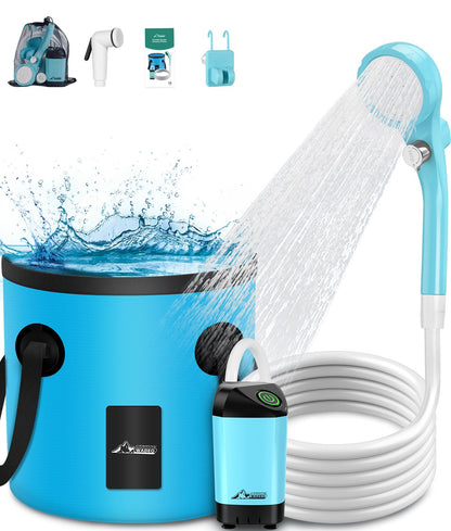WADEO Portable camping shower battery with pump and shower bucket, outdoor camping shower set with battery, mobile showers outdoor showers with shower head and hose, for camping, traveling, garden, hiking, car washing