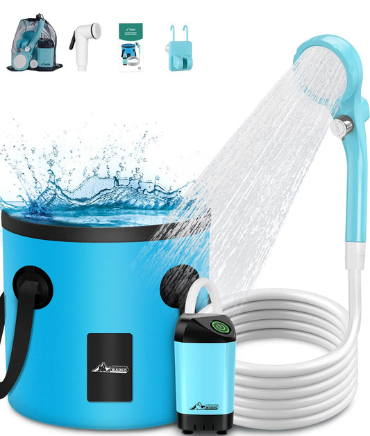 WADEO Portable camping shower battery with pump and shower bucket, outdoor camping shower set with battery, mobile showers outdoor showers with shower head and hose, for camping, traveling, garden, hiking, car washing