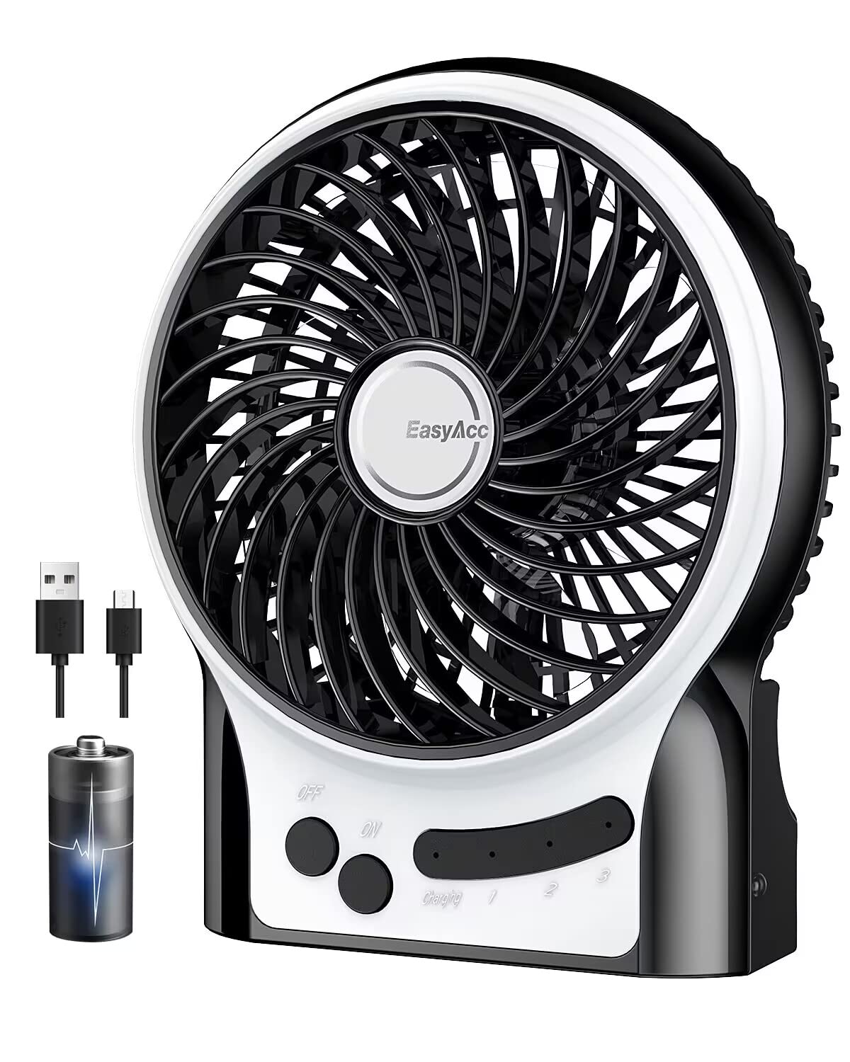 EasyAcc Desk Fan Battery, USB Fan Battery Portable Mini Fan with Side Light 2600 Battery 3 Speeds Table Fan Battery Fan Travel, Home, Outdoor, Office, Camping