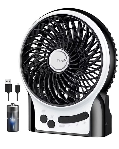 EasyAcc Desk Fan Battery, USB Fan Battery Portable Mini Fan with Side Light 2600 Battery 3 Speeds Table Fan Battery Fan Travel, Home, Outdoor, Office, Camping