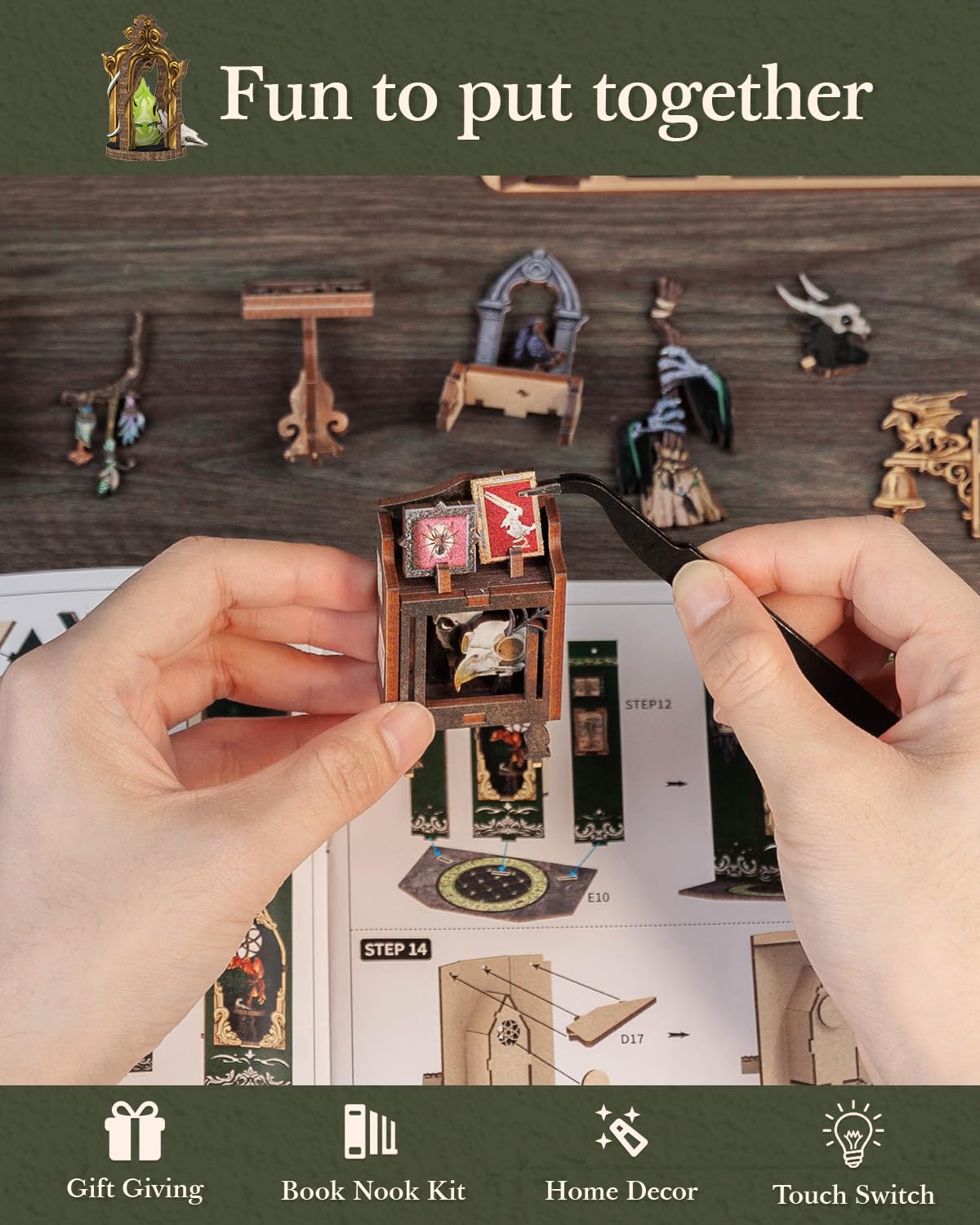 CUTEBEE Book Nook Kit - DIY Miniature House Dollhouse Booknook 3D Wooden Puzzle Library with Dust Cover and LED Light, Unique Bookshelf Decor & Gift for Adults (The Darkness Herbarium)