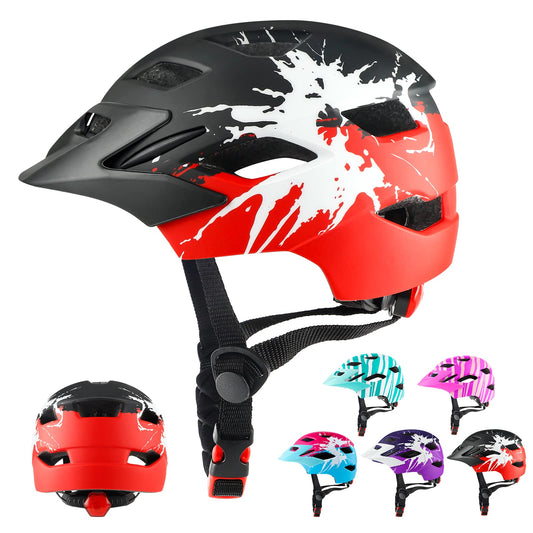 RaMokey Kids Bike Helmet, Bike Helmet with Light for Kids, Lightweight Kids Helmet with Adjustable Dial for Girls and Boys 50-56CM (ages 5-14) (Black+Red)