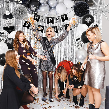 Black Silver Birthday Decorations, Silver Black White Party Decor Set with Happy Birthday Banner, Confetti Balloons, Sash, Tablecloth, Curtain, Pom Poms for Men Women Boys Girls Birthday Party Decor.