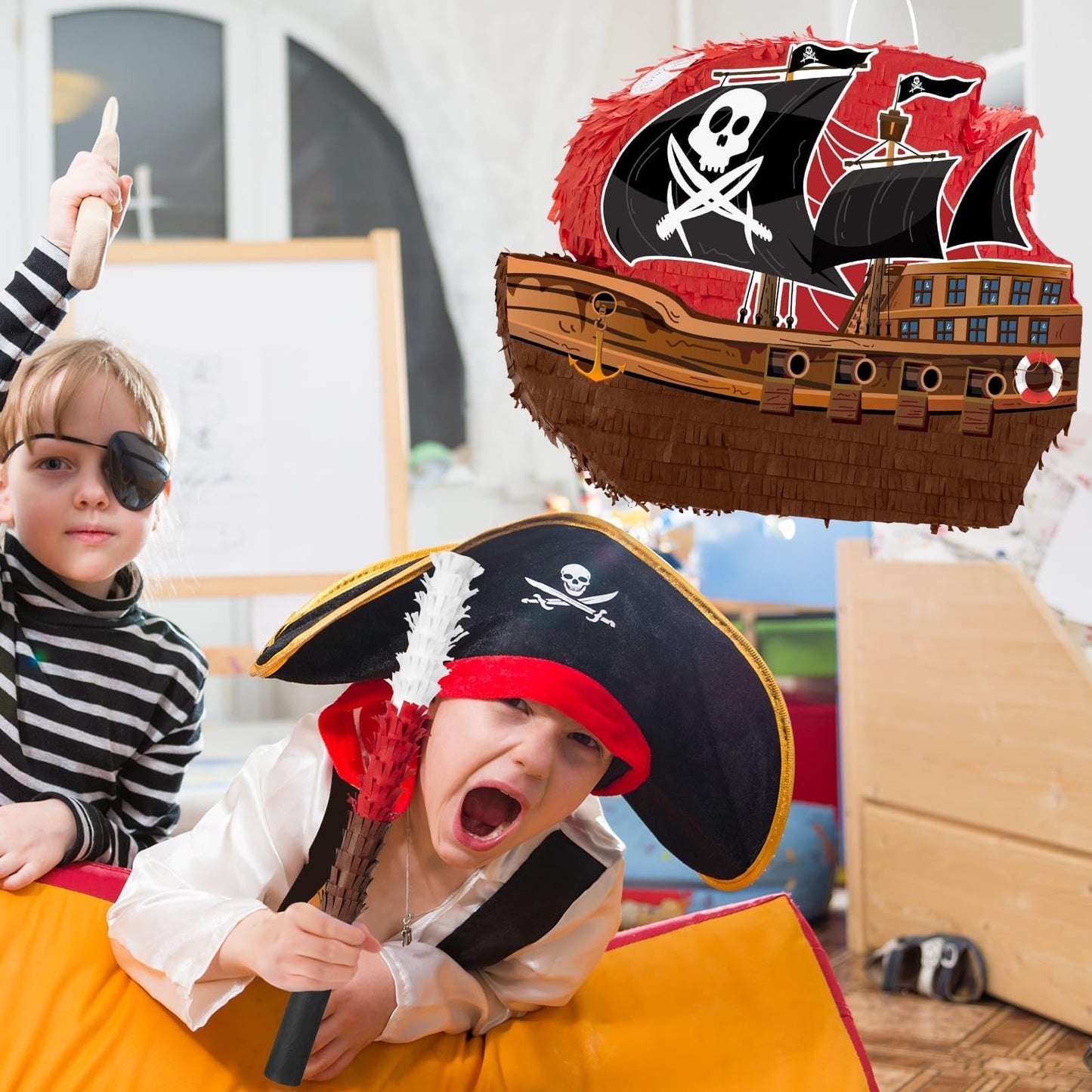 WERNNSAI Pirate Piñata - Pirate ship piñata with blindfold and bat for boys and kids Caribbean pirate party gifts for birthdays decorations family games pirate party supplies
