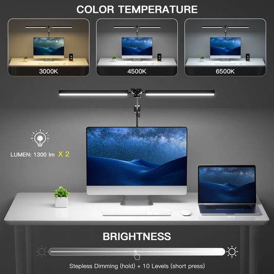 CHICLEW 24W LED Desk Lamp, Dual-Head Gooseneck Table Lamp Dimmable, 3 Color Temperatures & Stepless Dimming Reading Lamp, Eye-Care Clamp Lamp, Work Lamp Architect Lamp for Home/Office
